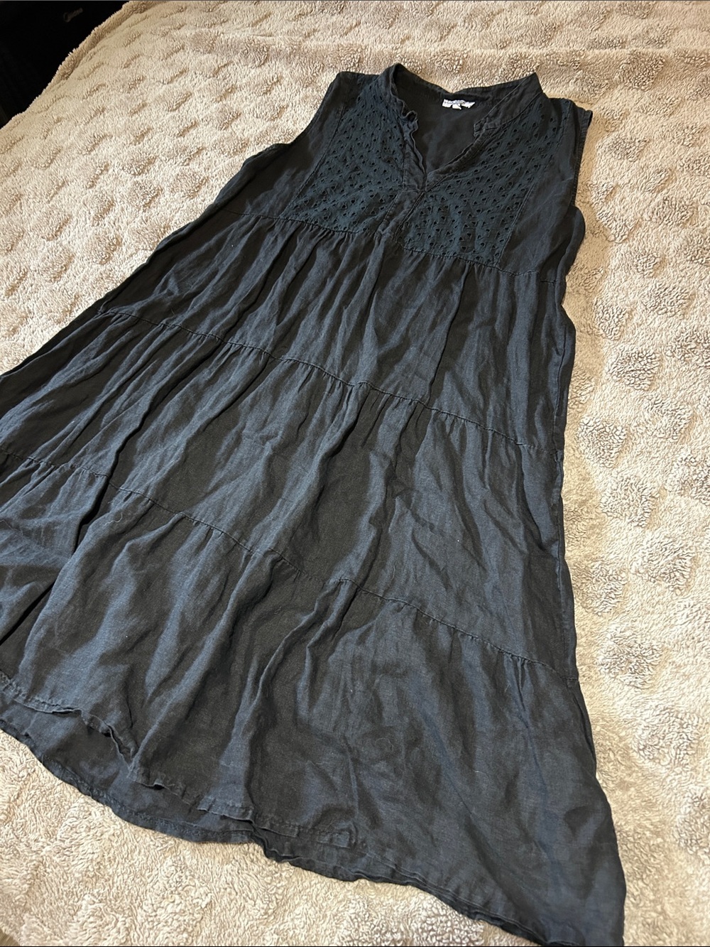 Rosemarine 100% Linen Black Tiered Sleeveless Dress XL Made in Italy Boho